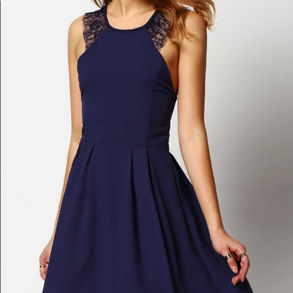 Navy Cut Out Lace Insert Trapeze Dress